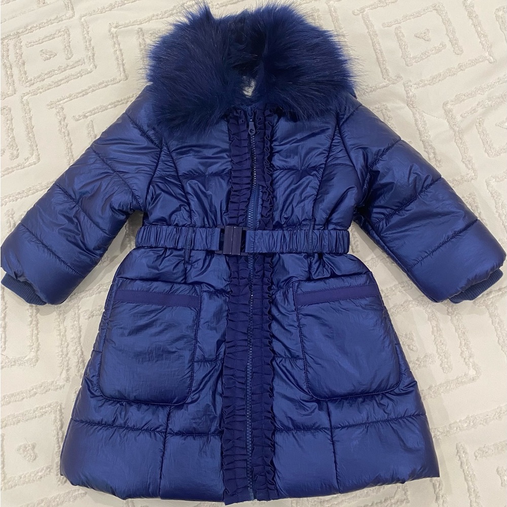 Monsoon Metallic Blue Ruffle Coat sz 3-4